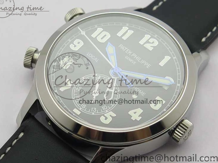 MIROTIME 0402 Stylish Calatrava 5524 Pilot Travel Time SS GRF Black Dial on Black Leather Strap A324 V 7108